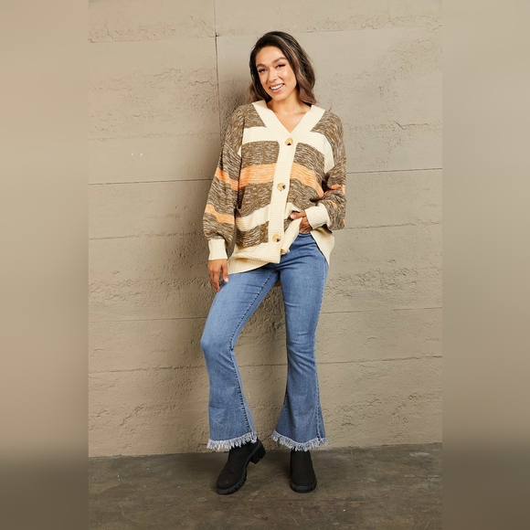 Woven Right Striped Button Down Longline Cardigan with Pockets - Picture 6 of 10